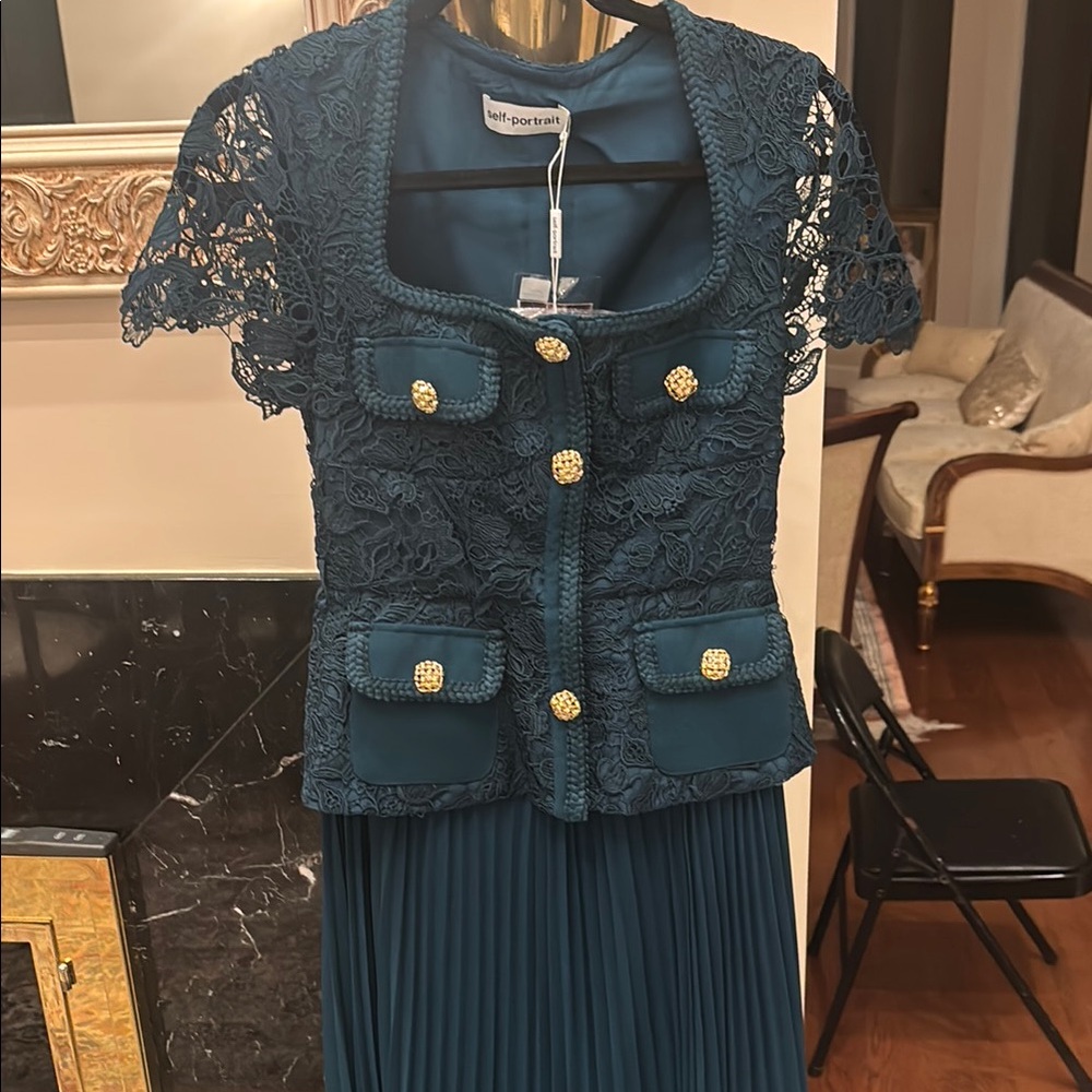 Self-Portrait Teal Lace Dress with Gold Buttons size us04 ( belt included in bag